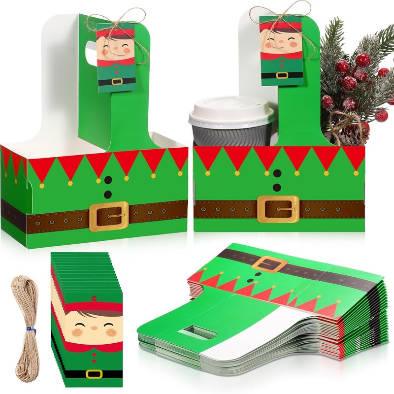 ForraFun 24 Sets Christmas Drink Carrier with Handle Disposable Kraft Paperboard Coffee Cup Holder with Tags Portable Foldable Tray to Go Cup Holder for Xmas Holiday Party Favor(Christmas Elves) - Image 1
